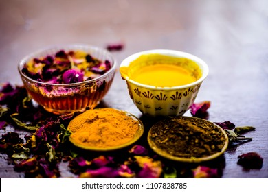 Close Up Of Face Pack Of Chandan Or Sandalwood I.e. Rose Water With Turmeric And Sandalwood Powder.