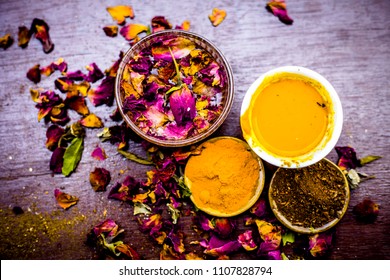 Close Up Of Face Pack Of Chandan Or Sandalwood I.e. Rose Water With Turmeric And Sandalwood Powder.