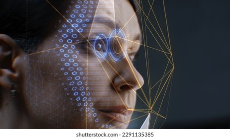 Close up face portrait of adult caucasian woman with focused look. 3D animation of human futuristic AI biometric facial recognition system. Neural network. Privacy and modern scanning technology. - Powered by Shutterstock