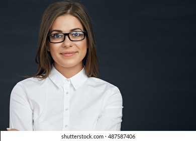 Close Up Face Portrait Of Smiling Business Woman Wearing Eyeglasses. Black Background.