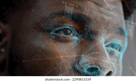 Close up face portrait of young African American man with serious look. 3D computer graphics of human futuristic AI biometric facial recognition. Neural network. Privacy and modern scanning technology - Powered by Shutterstock