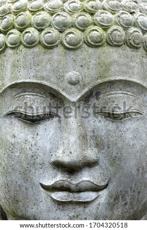 A close up face of a stone buddha