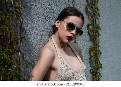 Close Up Face Of Young Stylish Woman In Sunglasses. Beautiful Fashionable Girl Outdoor Portrait.