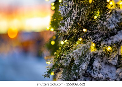 Close Up Of Fairy Lights Chain On Snowy Christmas Tree With Colorful Sunset And Snow On Background, Bokeh Lights