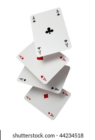 Close Up Of  Falling Playing Cards Poker Game On White Background With Clipping Path