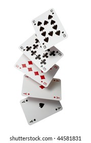 Close Up Of  Falling Playing Cards Poker Game On White Background With Clipping Path