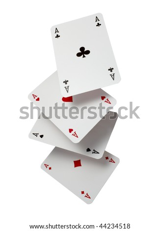 close up of  falling playing cards poker game on white background with clipping path
