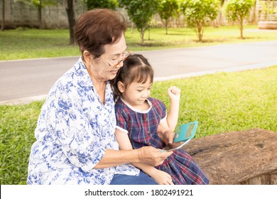 Close up family shot of grandmother holding her adorable granddaughter posing happily in the park outdoor shows watching smart phone together which is sharing time activity in digital age.