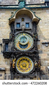 Close Up Of The Famous Astronomical Clock, Prague With The Astrolabe Dial With The Signs Of The Zodiac And Position Of The Sun Above A Second Dial For The Procession Of The Apostles