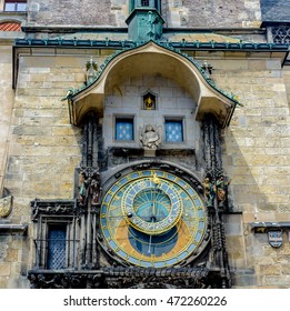 Close Up Of The Famous Astronomical Clock, Prague With The Astrolabe Dial With The Signs Of The Zodiac And Position Of The Sun Above A Second Dial For The Procession Of The Apostles