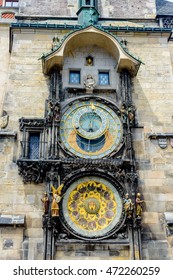 Close Up Of The Famous Astronomical Clock, Prague With The Astrolabe Dial With The Signs Of The Zodiac And Position Of The Sun Above A Second Dial For The Procession Of The Apostles