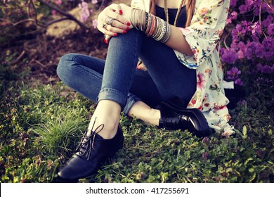 Close Up Fashion Details Boho Chic Style. Hippie Chic Vibe Outfit 