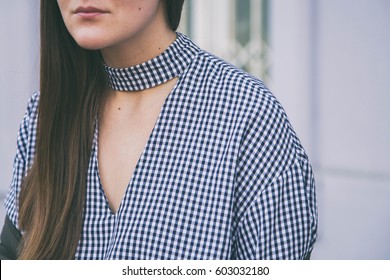 Close Up Fashion Details. Woman Wearing A Gingham Checked Top. Ideal Spring Outfit Accessories.fashion Blogger Posing On The Street
