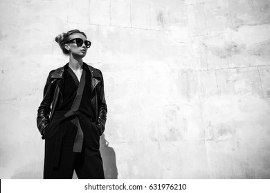 Close Up Fashion ;luxury Portrait Of Stunning Sexy Woman, Full Perfect Lips And Face, Sunny Day Sunglasses And Leather Jacket, Big Trendy Earnings, Grunge Urban Style.