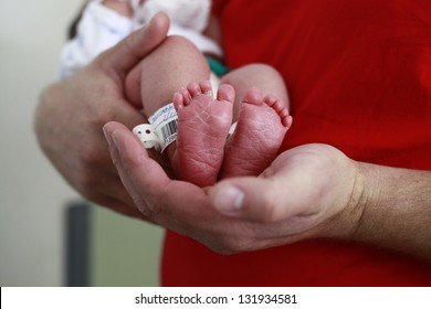 close up of a father's hand and babies feet, newborn. Maternity hospital