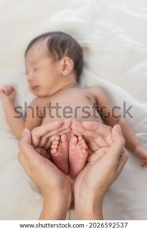 close up of feet of newborn infant baby holding in hand of mother in concept of love and protection from parent to baby