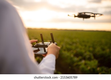 close up female agricultural specialist holding Drone Remote and controlling drone in air standing in corn field on sun set, soft focus, focus on Drone Remote