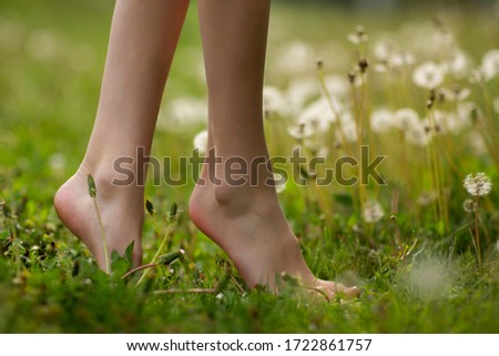 Close up female crossed legs walking on the grass and dandelion. Spring and summer vibes nature.