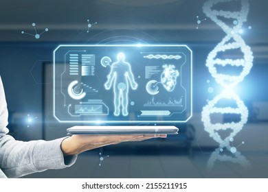 Close Up Of Female Doctor Hand Holding Tablet With Abstract Glowing Medical Cardiology Interface On Blurry Hospital Background With Dna Helix. Hi-tech Technology And Medicine Of The Future Concept. 