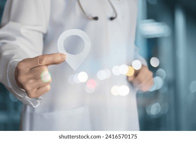 Close up of female doctor hand holding a map pin with city light bokeh background. - Powered by Shutterstock