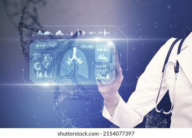 Close Up Of Female Doctor Hand Pointing At Abstract Glowing Medical Cardiology Interface On Blurry Hospital Background With Dna Helix. Hi-tech Technology And Medicine Of The Future Concept. 