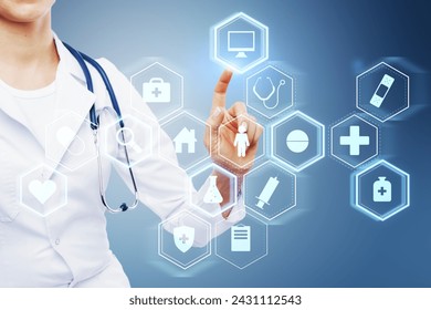 Close up of female doctor hand pointing at creative glowing blue medical interface hologram on blurry background. Digital healthcare, future and research concept - Powered by Shutterstock