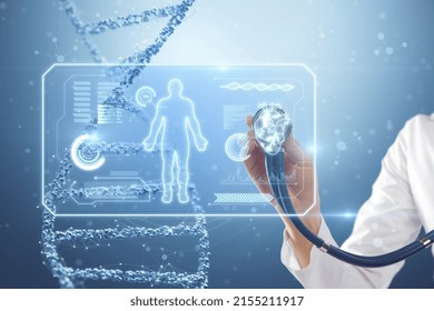 Close Up Of Female Doctor Hand With Stethoscope Examining Abstract Glowing Medical Cardiology Interface On Blurry Hospital Background With Dna Helix. 