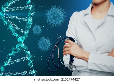 Close Up Of Female Doctor Hands With Glowing Helix Dna Hologram And Futuristic Hud On Blurry Background. Healthcare And Technology Concept