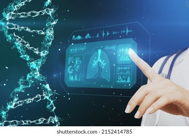 Close Up Of Female Doctor Hands Pointing At Glowing Helix Dna Hologram And Futuristic Hud On Blurry Background. Healthcare And Technology Concept