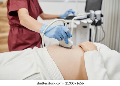 Close up of female doctor holding ultrasound transducer to pregnant belly while examining expectant young woman in clinic, copy space