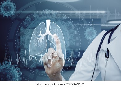 Close up of female doctor pointing at abstract glowing lung interface with virus outline on blurry background. Medicine, pandemic and healthcare concept. Double exposure - Powered by Shutterstock