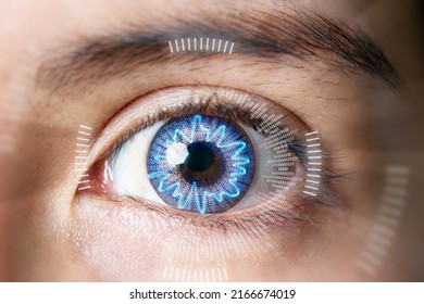 Close Up Of Female Eyes Biometric Scan Eye Monitoring. Eye Data Interface.