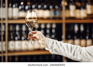 Close up female hand hold poured glass with white wine on cellar background with a free copy space. - Powered by Shutterstock