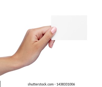 Close Up Of  A Female Hand Holding Blank Note Card Sign On White Background