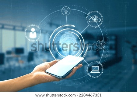 Close up of female hand holding cellphone with glowing fingerprint hologram on blurry office interior background. Access to the personal information concept. Double exposure
