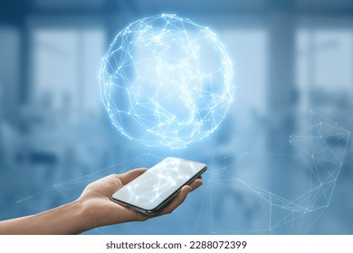 Close up of female hand holding mobile phone with glowing polygonal globe on blurry background. Futuristic technology wireframe mesh polygonal element. Connection Structure - Powered by Shutterstock