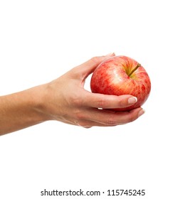 Close Up Of Female Hand Holding Red Apple.Isolated On White.