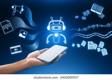 Close up of female hand holding smartphone with creative robot hologram on blue background. Artificial intelligence, chat gpt and ai concept - Powered by Shutterstock