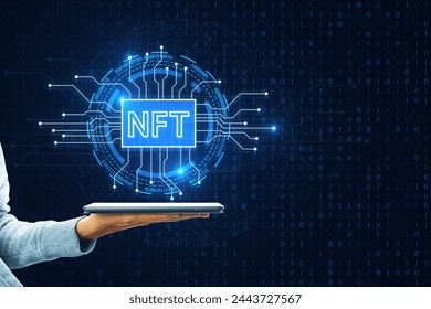 Close up of female hand holding smartphone with creative glowing nft circuit hologram on dark background. Non fungible token and cryptocurrency concept