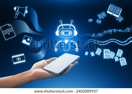 Close up of female hand holding smartphone with creative robot hologram on blue background. Artificial intelligence, chat gpt and ai concept