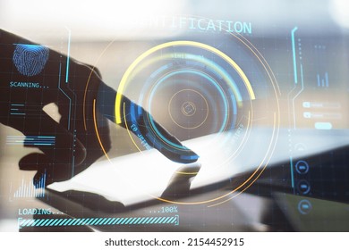 Close Up Of Female Hand Using Tablet Or Smartphone With Abstract Round Identification Interface On Blurry Background. Forensic Hud And Scanner Concept. Double Exposure