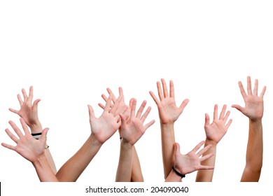 Close Up Of Female Hands And Arms Reaching Out.Isolated On White Background.