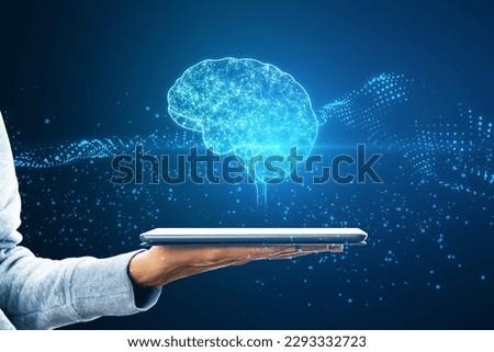 Close up of female hands holding mobile phone with creative glowing polygonal brain hologram on blurry background. Neurology research, artificial intelligence concept. Double exposure