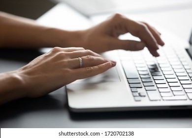 Close Up Female Hands Typing On Laptop Keyboard, Woman Blogger Working Online, Writing Financial Report, Blog Or Email, Chatting With Friends In Social Network, Using Computer Apps