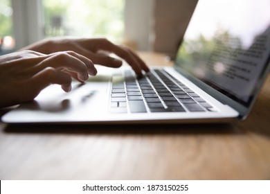 Close Up Female Hands Typing On Laptop Keyboard, Writing Email Or Report, Browsing Apps, Businesswoman Freelancer Working, Working On Project, Female Student Studying Online, Sitting At Desk