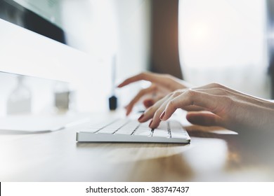 Close Up Of Female Hands Typing On White Keyboard, Woman Working At Office And Using Modern Computer And Keyboard