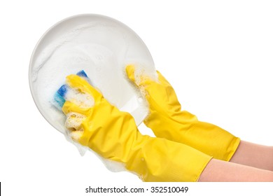 Close up of female hands in yellow protective rubber gloves washing white plate with blue cleaning sponge against white background - Powered by Shutterstock