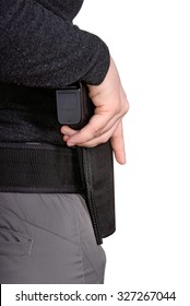 Close Up Of Female Holding Hand On A Gun In A Holster On A White Background