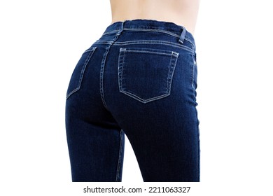 Close Up Of Female Jeans With Perfect Fit. Denim Pants Type. Woman Hips Isolated On White Background. Copy Space. Selective Focus. Back Hips View In Trousers. Fashion Clothes