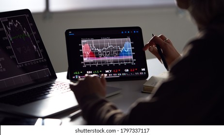 Close Up Of Female Share Trader At Desk With Stock Price Data Displayed On Laptop And Digital Tablet